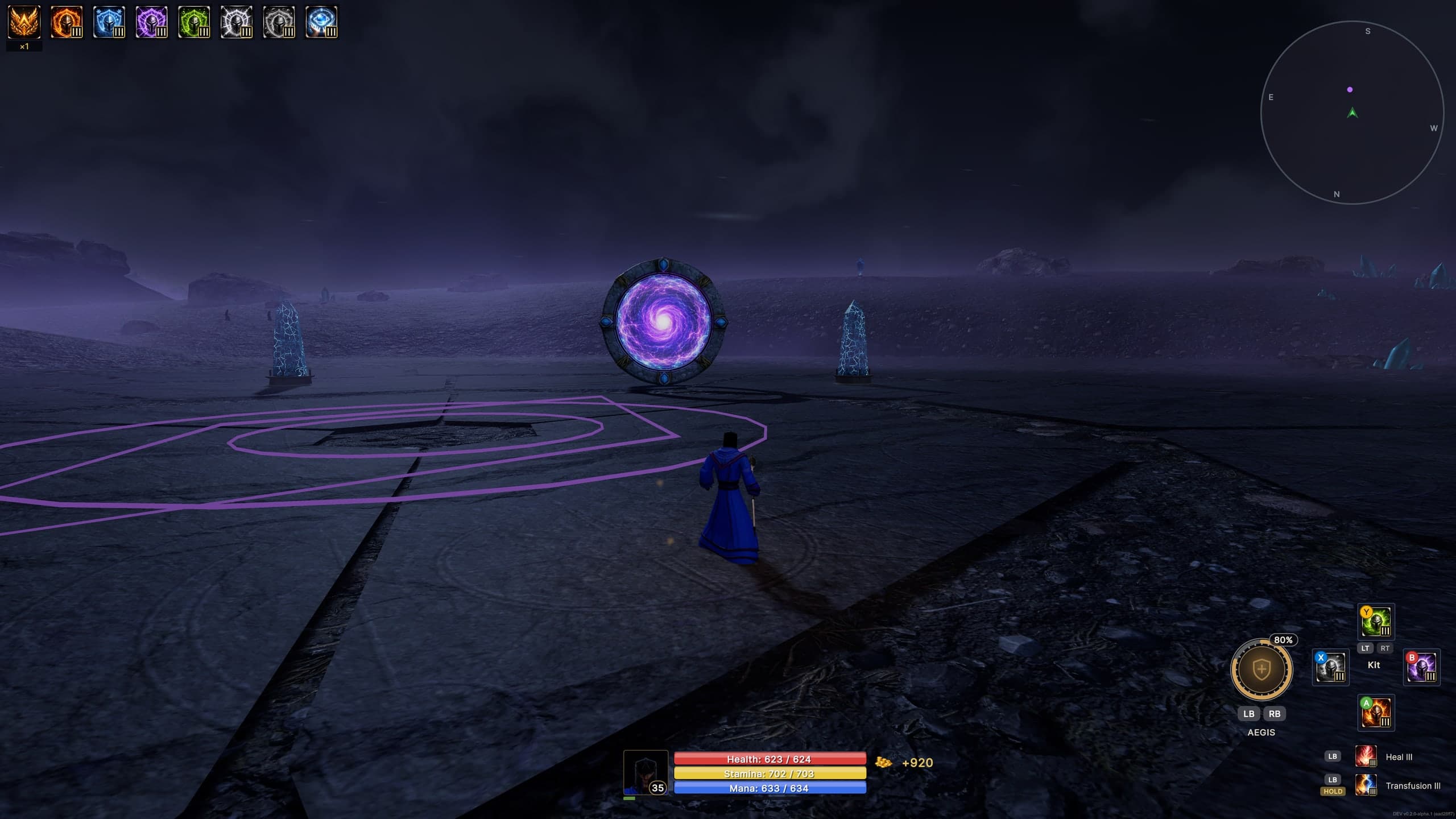 A mage approaches a swirling rift portal beneath a violet night sky