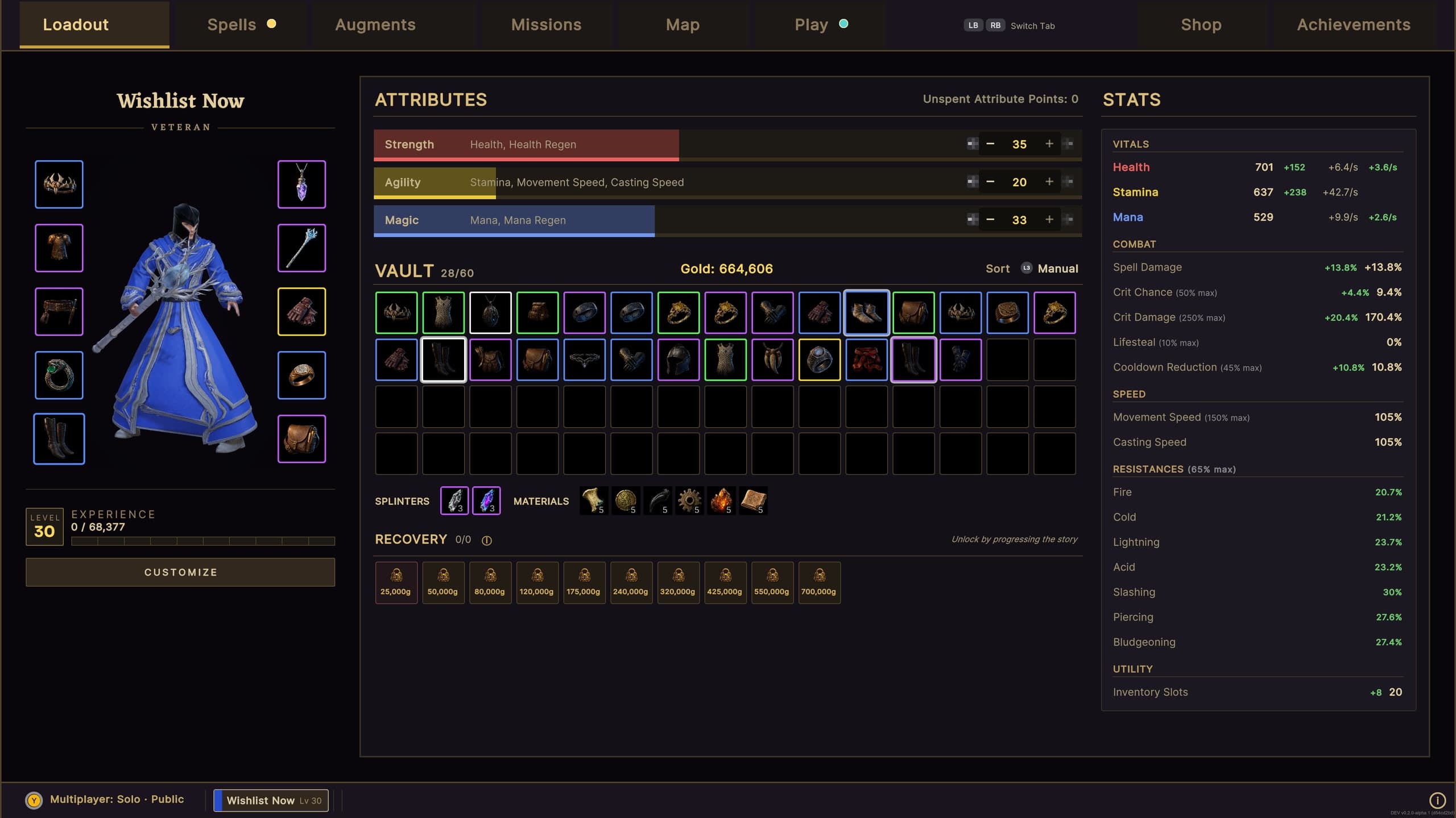 The Hub loadout screen: equipment, attributes, vault, forge materials and resistances